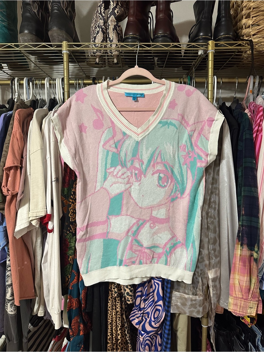 Dolls Kill Pastel Pink & Mint Anime V-Neck Knit Vest